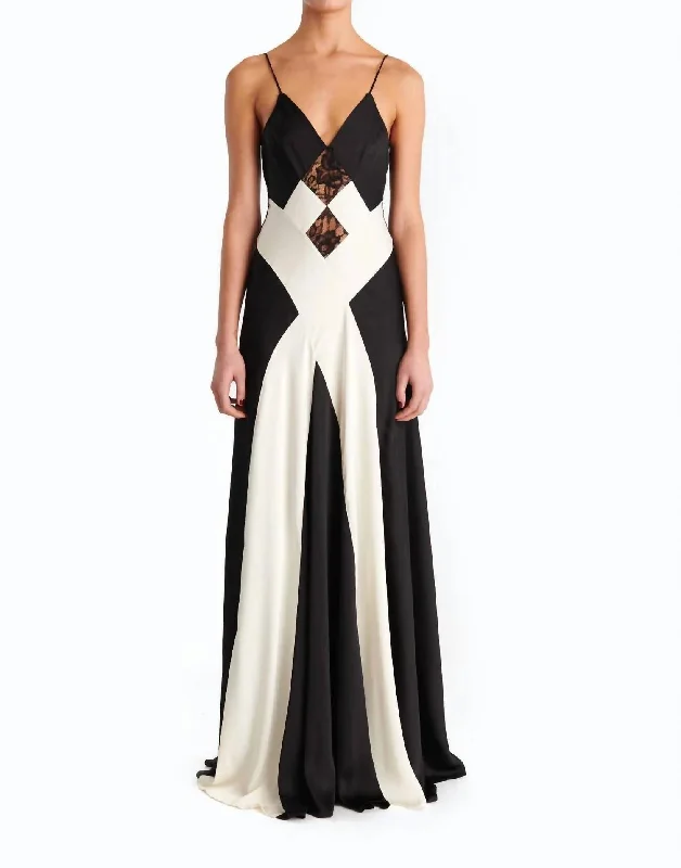 Luxy Satin Lace Combo Gown In Ivory/black