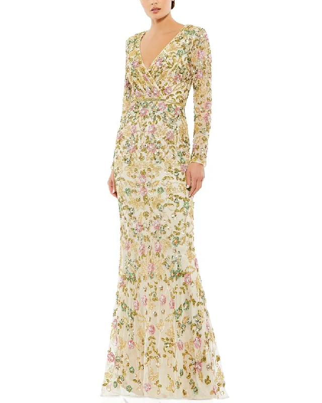 Mac Duggal Floral Embellished Faux Wrap Trumpet Gown