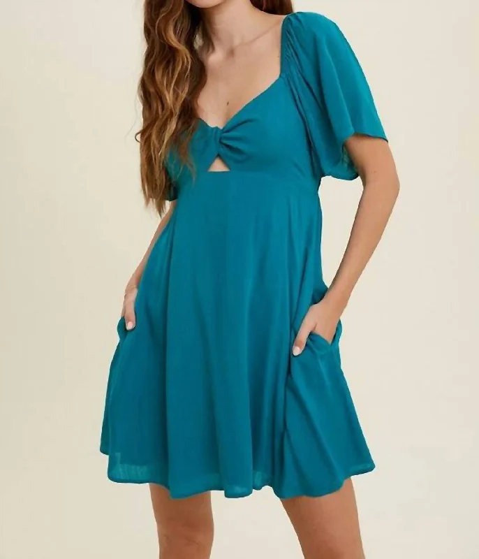 Mini Dress W/ Twisted Bodice In Teal