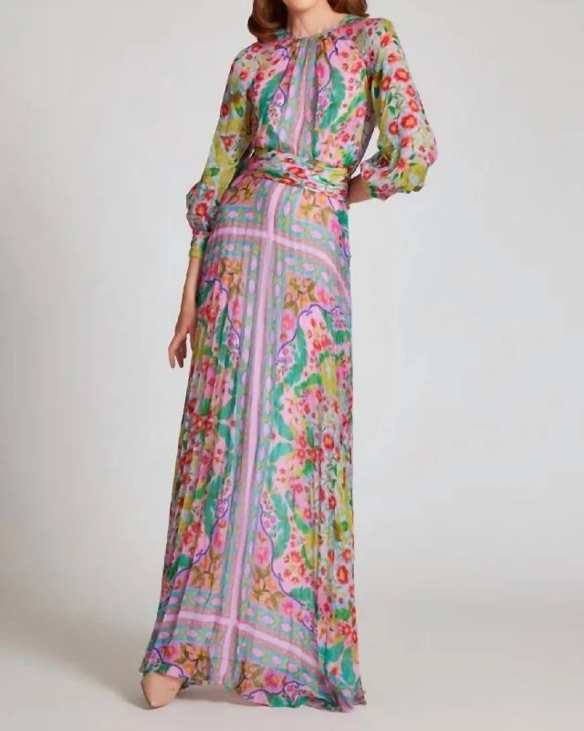 Patchwork Chiffon Gown In Pink Multi