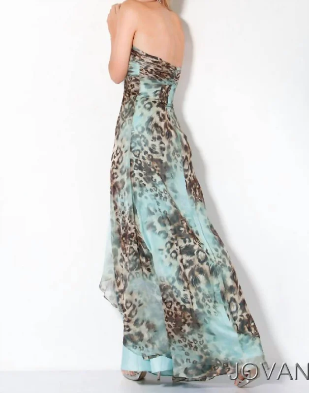 Strapless Evening Gown In Blue, Turquoise, Brown, Tan