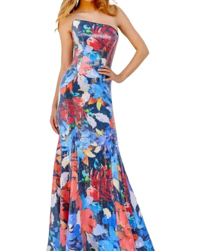 Strapless Floral Gown In Multi