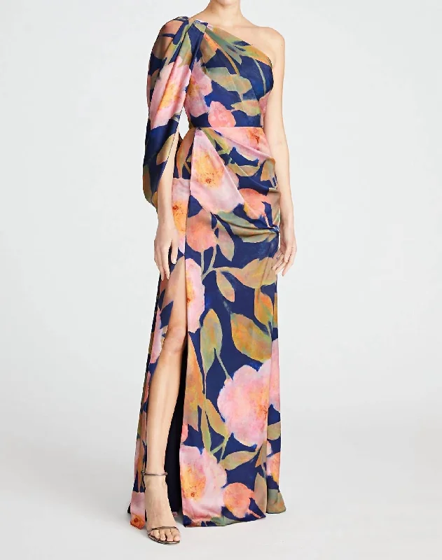 Tori Drapped One Shoulder Gown In Nocturnal Peonies