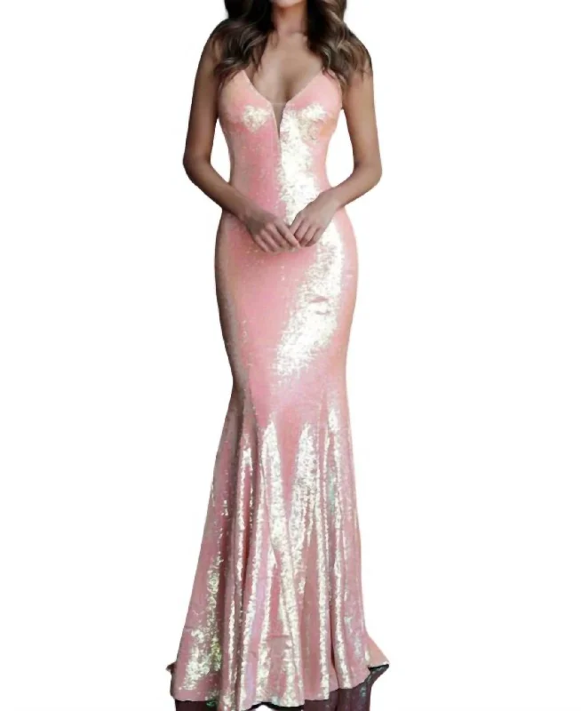 V-Neck Sequin Gown In Coral