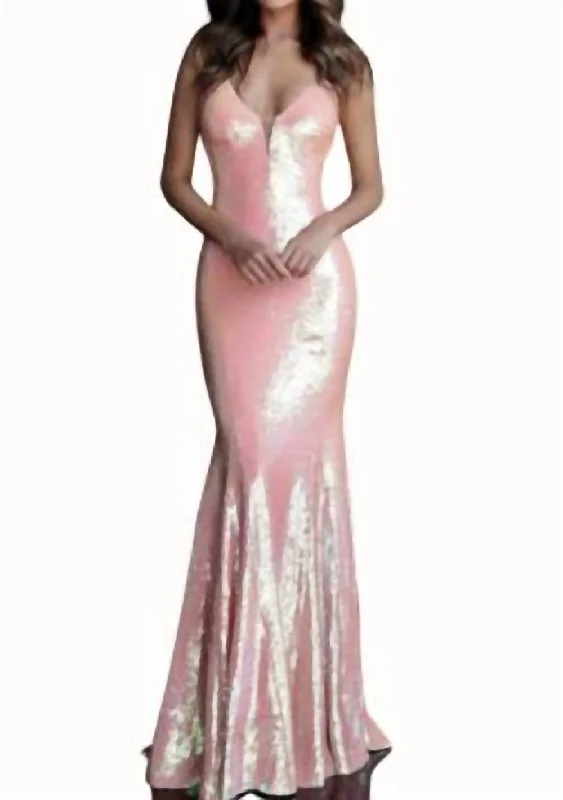 V Neck Sequinned Gown In Coral