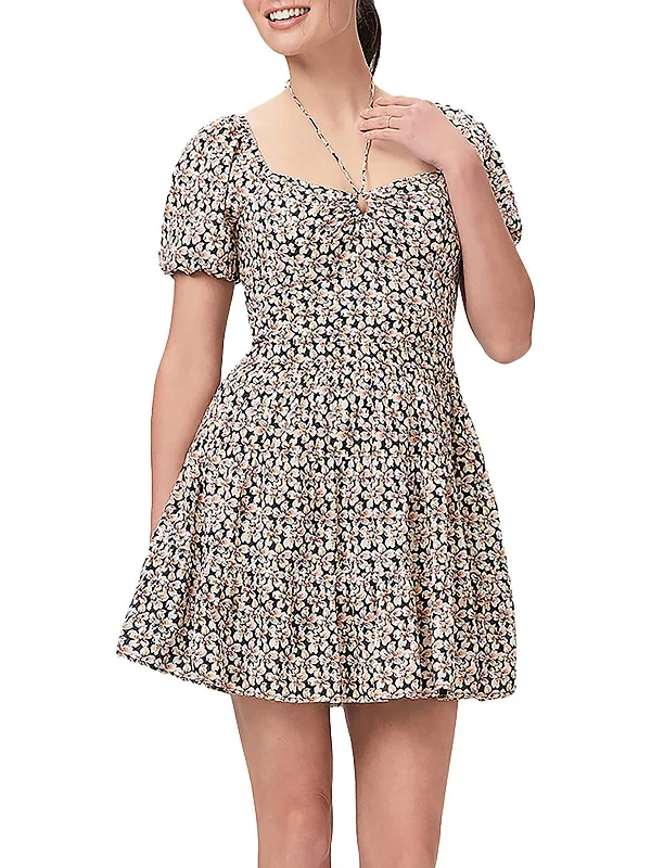 Womens Puff Sleeve Mini Fit & Flare Dress