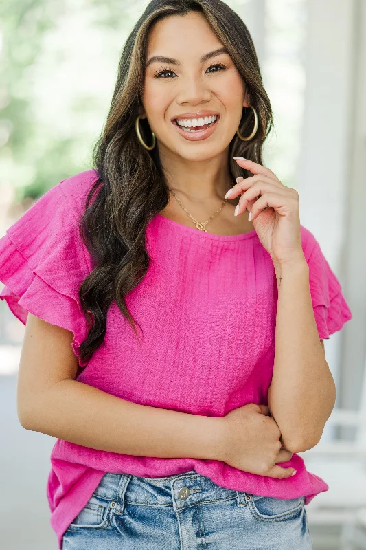 It's All True Fuchsia Pink Ruffled Gauze Top