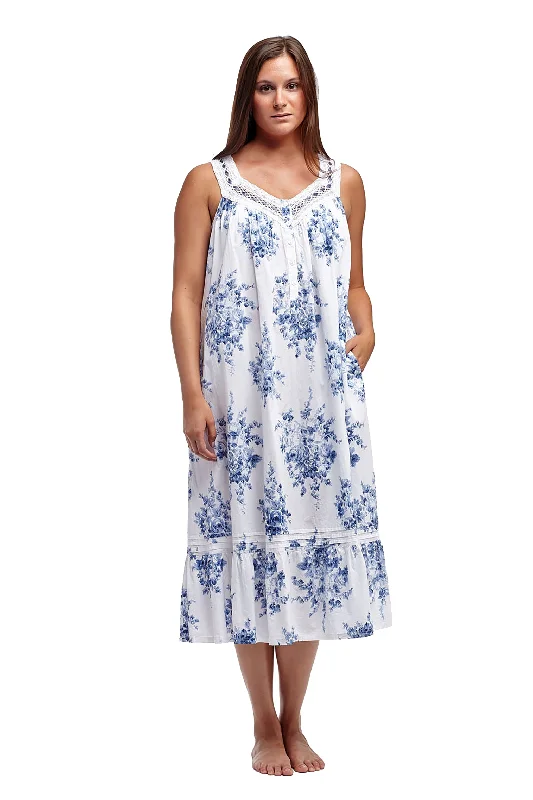 100% Cotton Lace Trim Flounce Gown- Blue and White Floral Print