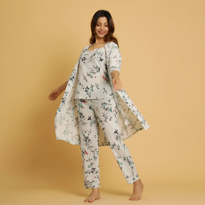 White Cotton Printed  3 PEICE Night Suit Set with Payjama