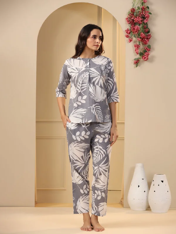 Grey Cotton Printed Night Suit Set with Pajama