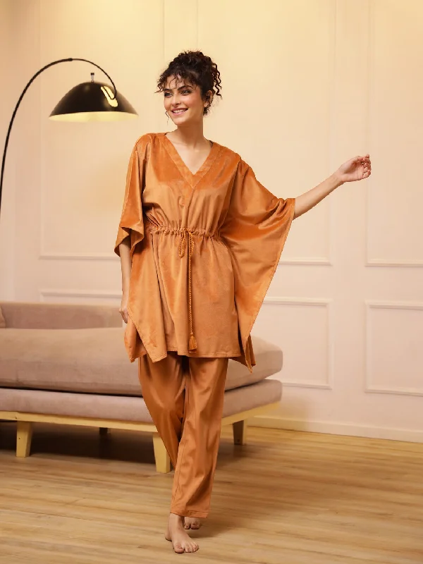 Orange V-Neck Velvet Winter Kaftan