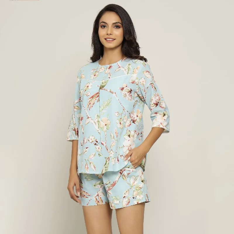 Sky Blue Cotton Printed Night Suit Set