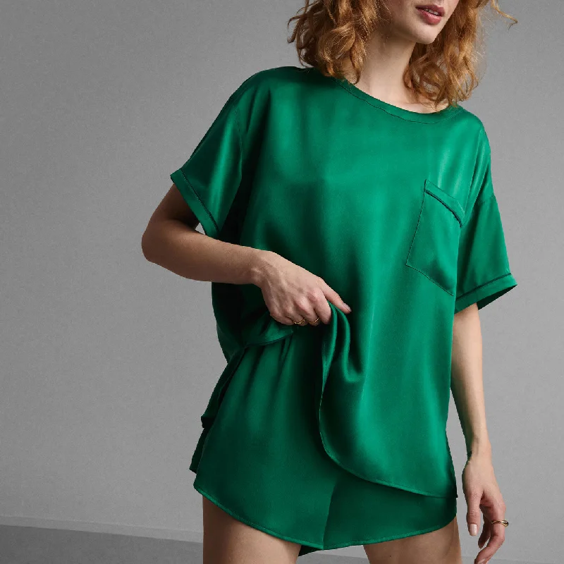 Washable Silk Piped Tee Short Set